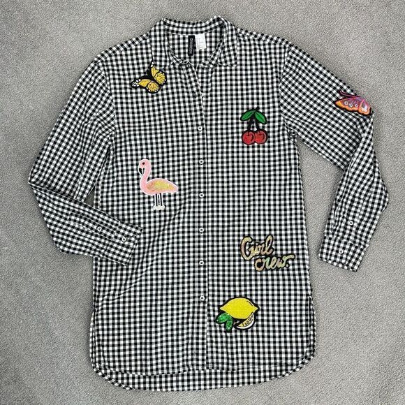 H&M Sequin Appliqué Gingham Check Button Front Shirt Black White Size 2 - Picture 15 of 15